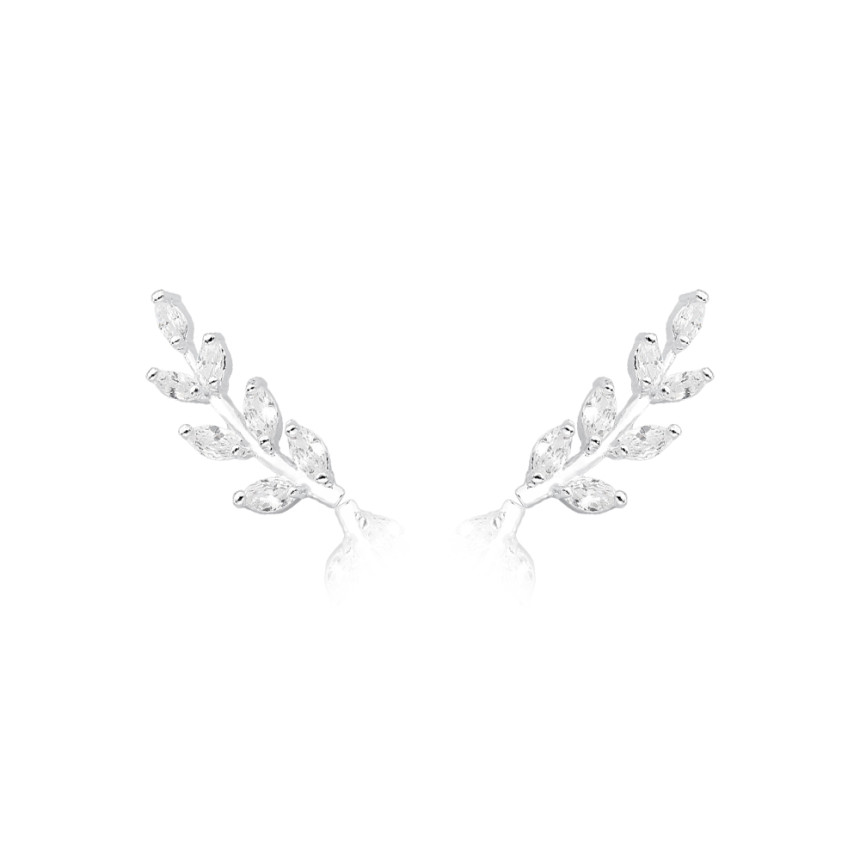 Brinco Prata Ear Cuff Ramo Folhinhas Cravejado 