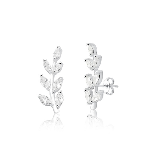 Brinco Prata Ear Cuff Ramo Folhinhas Cravejado 