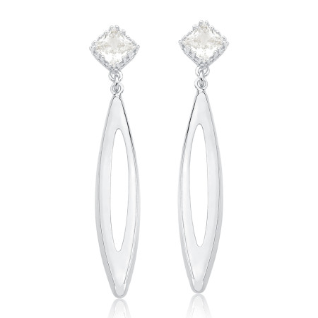 Brinco Prata Leve c/ Base Zircônia Quadrada e Navete Suspenso Liso Vazado