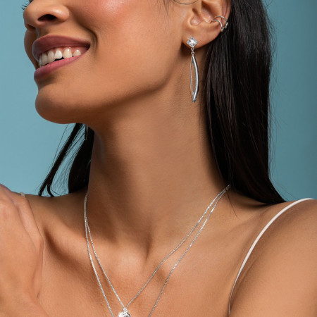 Brinco Prata Leve c/ Base Zircônia Quadrada e Navete Suspenso Liso Vazado