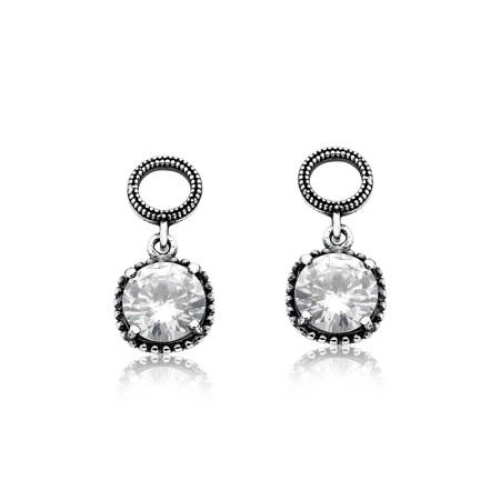 Brinco de Prata Base Argola Envelhecida C/ Zircônia Suspensa