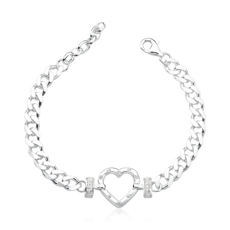 Pulseira Prata Grumet c/ Coração Liso Cravejado Vazado