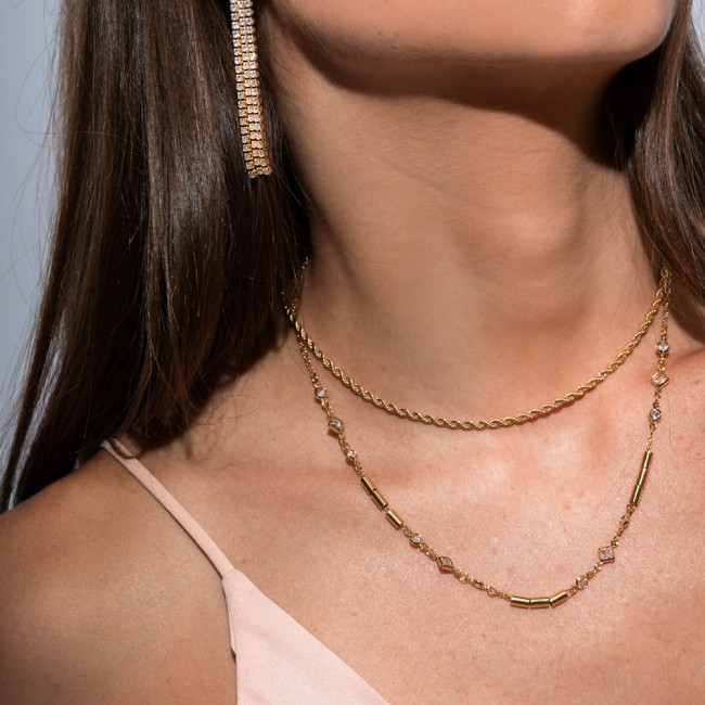 Choker Zircônias Geométricas c/ Tubos Lisos Folheado a Ouro 18k 
