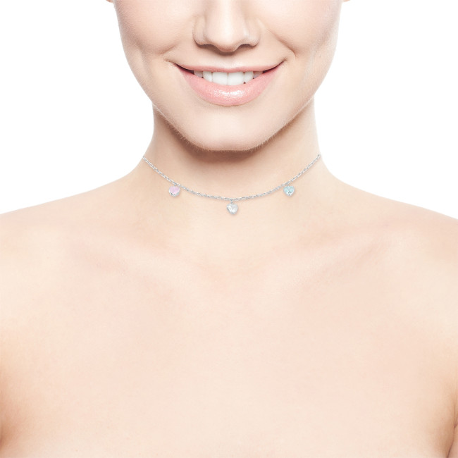 Choker Prata Cartier c/ Berloques Zircônia Coração Coloridas
