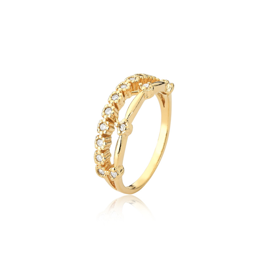 Anel Aparador Duplo Florzinhas c/ Zirconia Folheado a Ouro 18k
