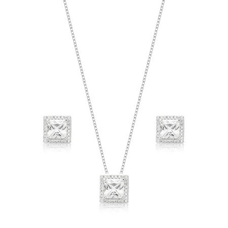 Conjunto Prata Quadrado Zircônia Ponto Luz Borda Cravejada