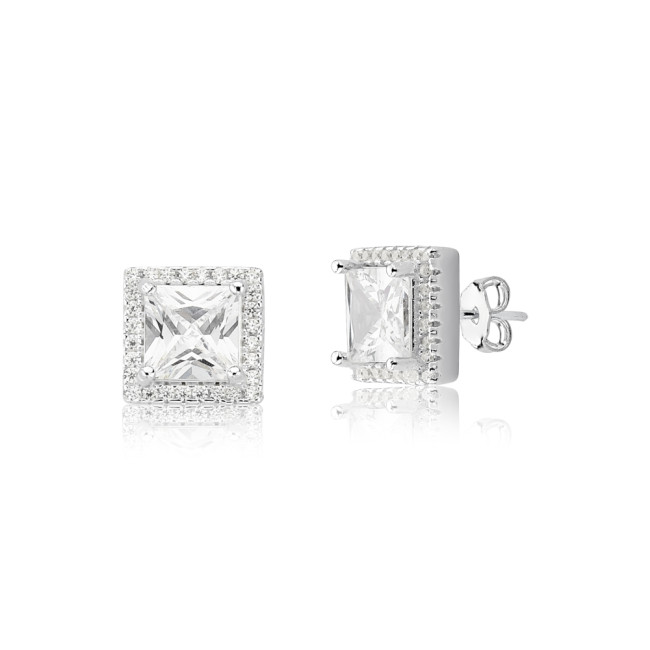 Conjunto Prata Quadrado Zircônia Ponto Luz Borda Cravejada