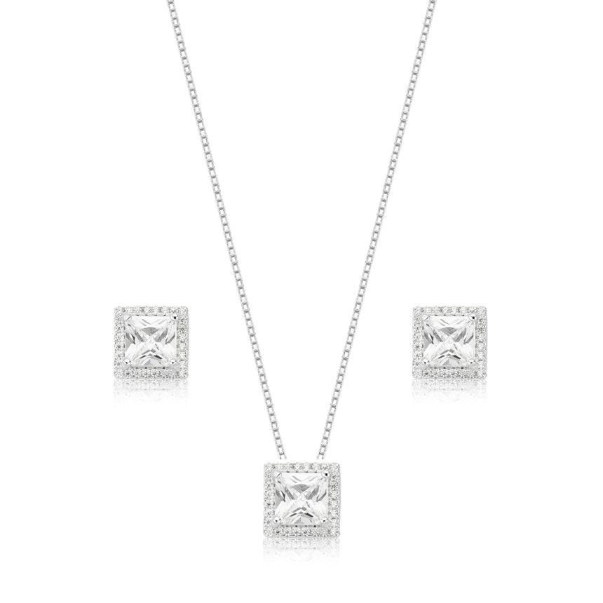 Conjunto Prata Quadrado Zircônia Ponto Luz Borda Cravejada