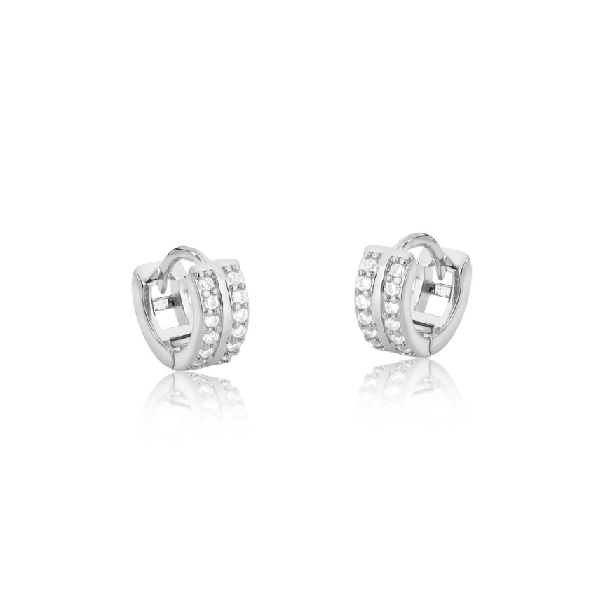 Argola Prata Leve Click Duas Fileiras Cravejadas com Friso Liso Central (2x6) 10mm