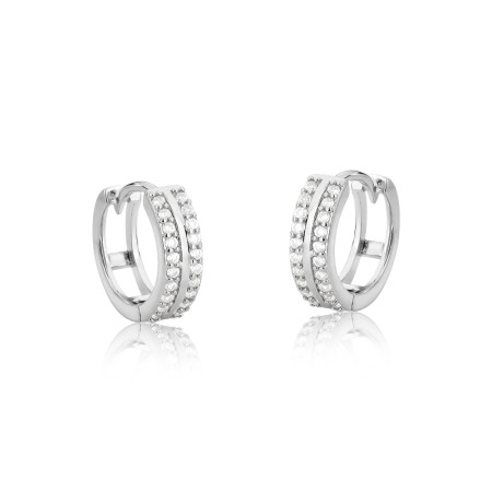 Argola Prata Leve Click Duas Fileiras Cravejadas com Friso Liso Central (2x10) 14mm