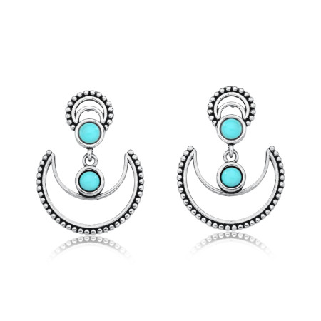 Brinco Prata Vazado Bolsa Suspensa c/ Turquesas Envelhecido