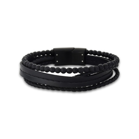 Pulseira Aço Rosso Preta 4 em 1 c/ Couro Trançado / Liso / Labradorita 20cm