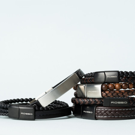 Pulseira Aço Rosso Preta 4 em 1 c/ Couro Trançado / Liso / Labradorita 20cm