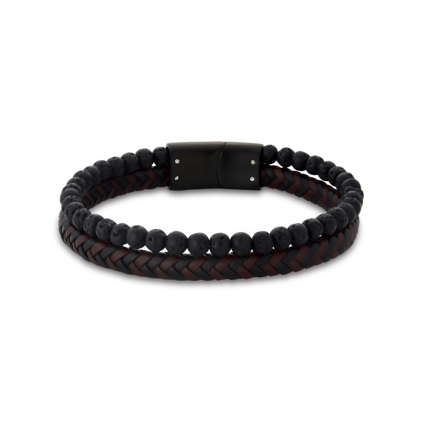 Pulseira Aço Rosso Preta e Marrom 2 em 1 c/ Couro Trançado e Shambala 20cm