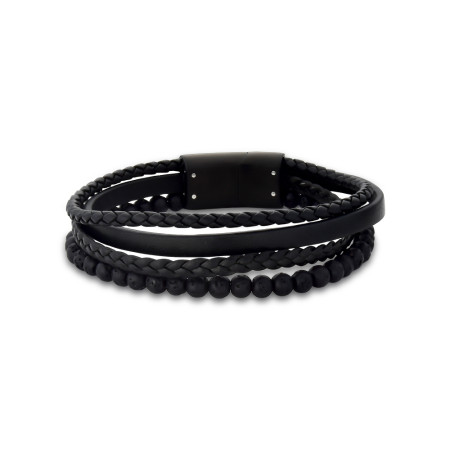 Pulseira Aço Rosso Preta 4 em 1 c/ Couro Trançado / Liso / e Shambala 20cm