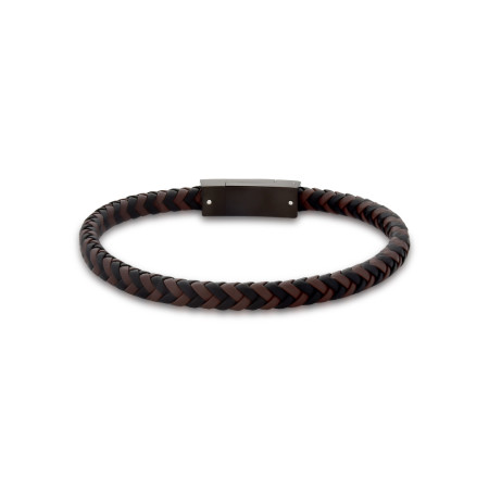 Pulseira Aço Rosso Preta e Marrom Couro Trançado 20cm