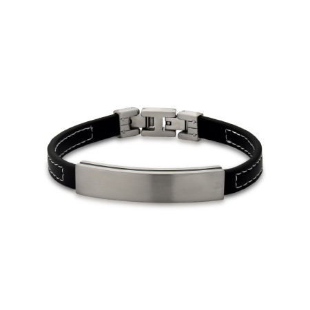 Pulseira Aço Rosso Preta Couro e Placa 20cm