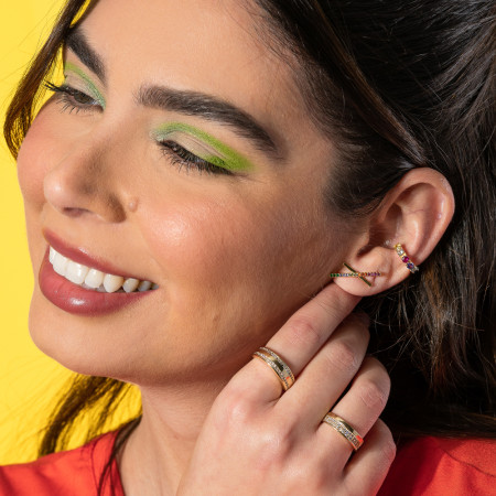 Brinco Fixo "X" Liso / Cravejado Zircônias Multi Color Folheado a Ouro 18k   