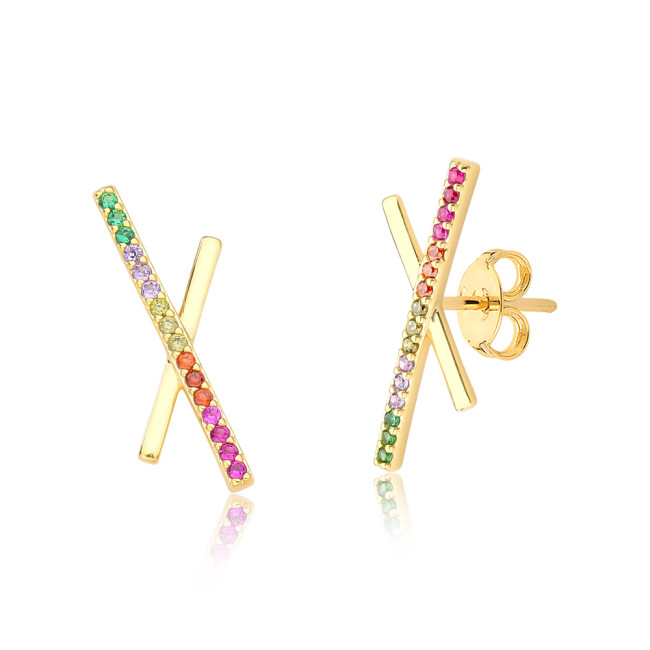 Brinco Fixo "X" Liso / Cravejado Zircônias Multi Color Folheado a Ouro 18k   