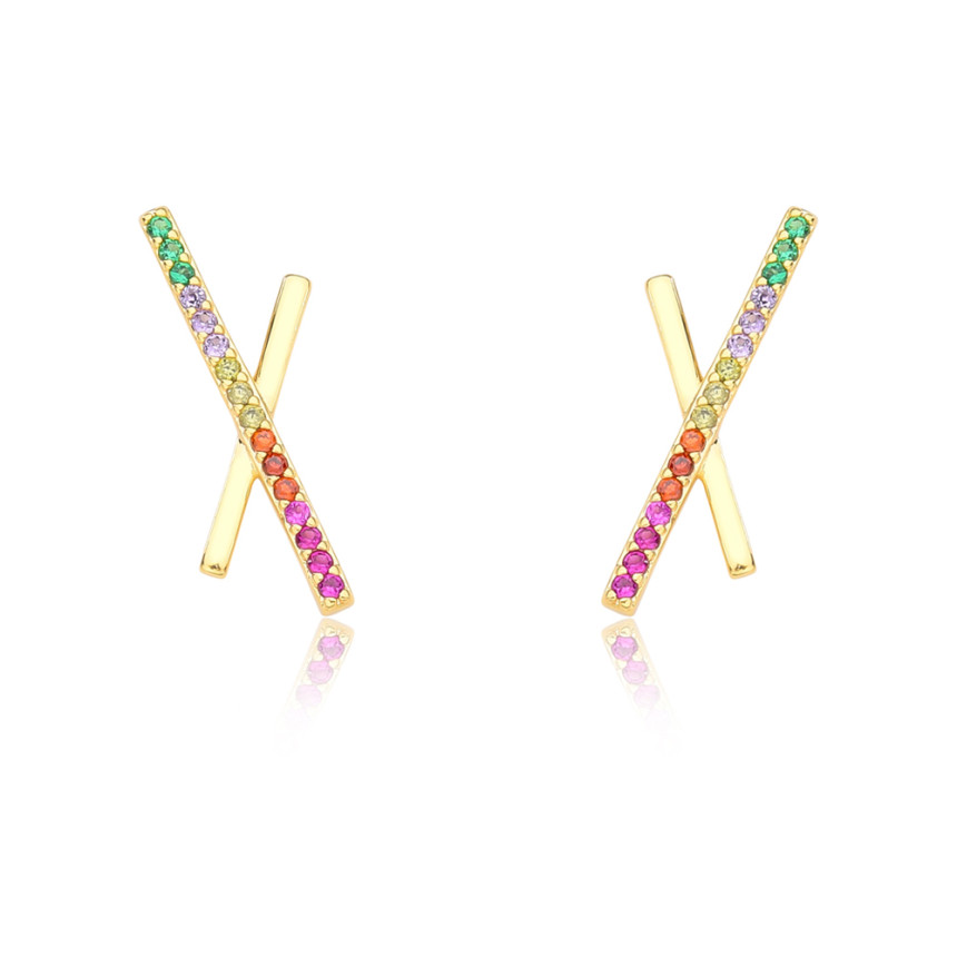 Brinco Fixo "X" Liso / Cravejado Zircônias Multi Color Folheado a Ouro 18k   