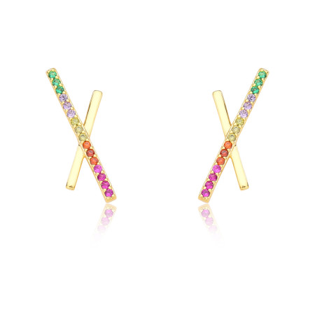 Brinco Fixo "X" Liso / Cravejado Zircônias Multi Color Folheado a Ouro 18k   