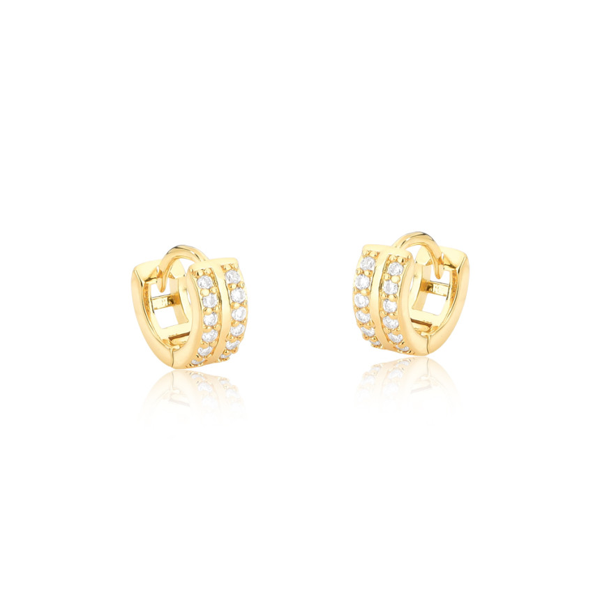 Argola Click Duas Fileiras Cravejadas c/ Friso Liso Central (2x6) 10mm Folheada a Ouro 18k  