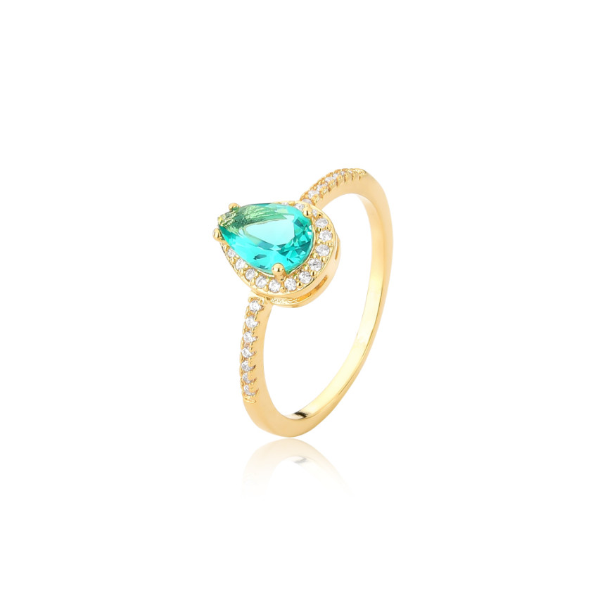 Anel Zircônia Verde Paraíba Gota c/ Borda e Aro Cravejado Folheado a Ouro 18k   