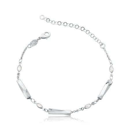 Pulseira Prata Leve Zircônias Navetes c/ Tubos Lisos Torcido