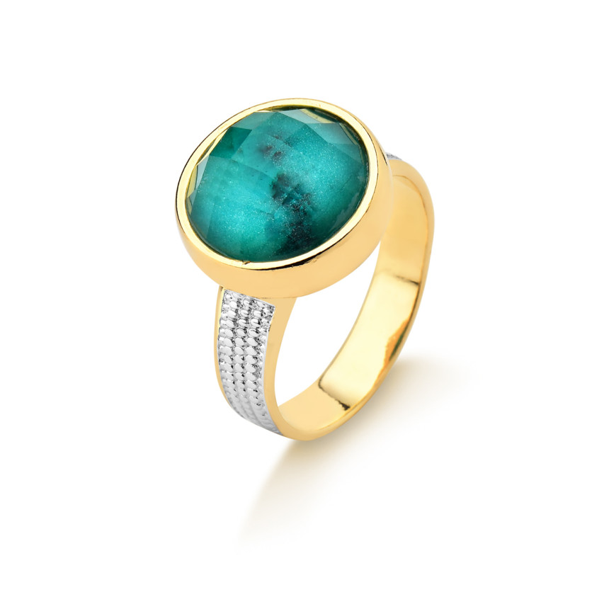 Anel Esmeralda Natural Redonda Detalhe Ródio Folheado a Ouro 18K