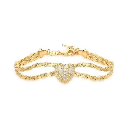 Pulseira Fita Trançada Dupla c/ Coração Cravejado Central Folheado a Ouro 18k