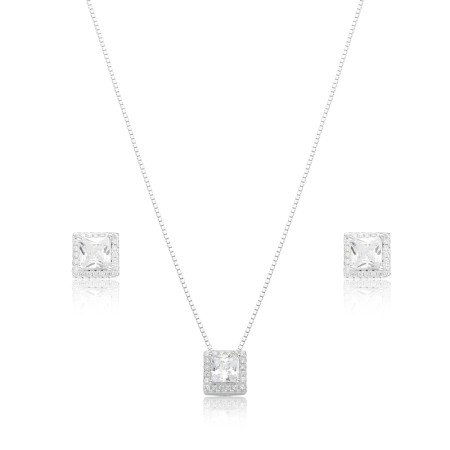Conjunto Prata Zircônia Quadrado Borda Cravejada