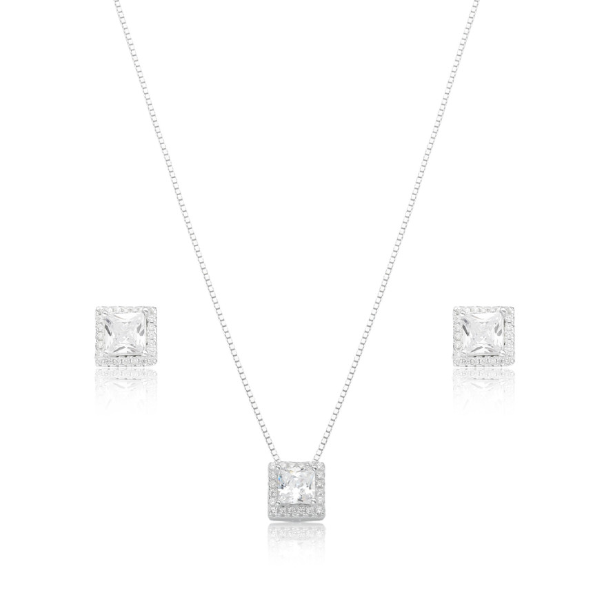 Conjunto Prata Zircônia Quadrado Borda Cravejada