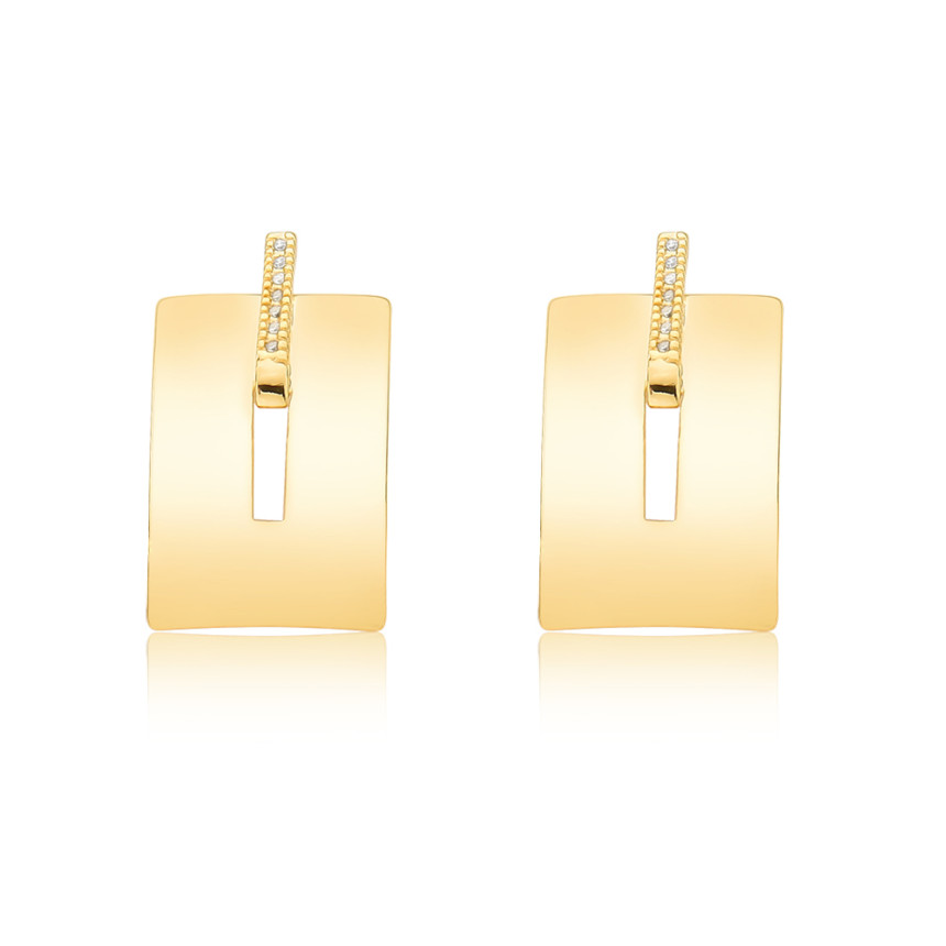 Brinco Retangular Vazado c/ Detalhe Palito Cravejado Folheada a Ouro 18k