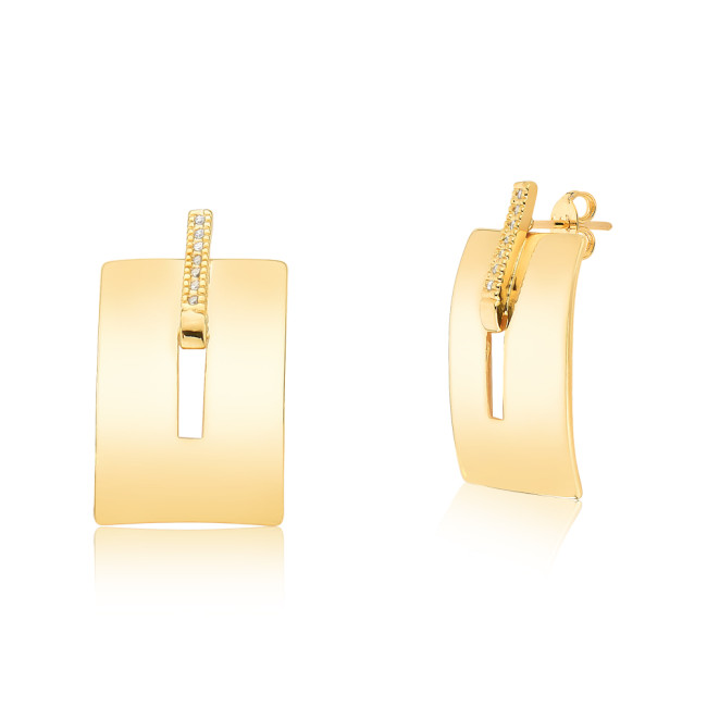 Brinco Retangular Vazado c/ Detalhe Palito Cravejado Folheada a Ouro 18k