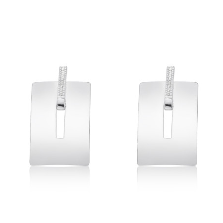 Brinco Prata Leve Retangular Vazado c/ Detalhe Palito Cravejado