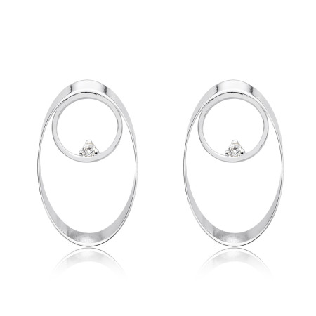 Brinco Prata Leve Fita Oval Vazado e Circulo c/ detalhe Zircônia