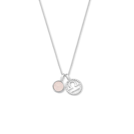 Gargantilha Prata Signo Libra e Pedra Natural Quartzo Rosa