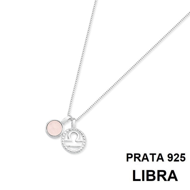 Gargantilha Prata Signo Libra e Pedra Natural Quartzo Rosa