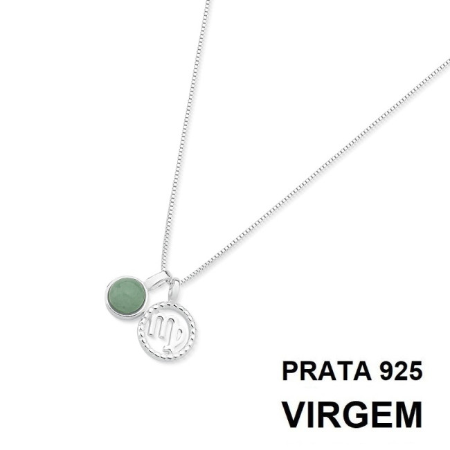 Gargantilha Prata Signo Virgem e Pedra Natural Quartzo Verde