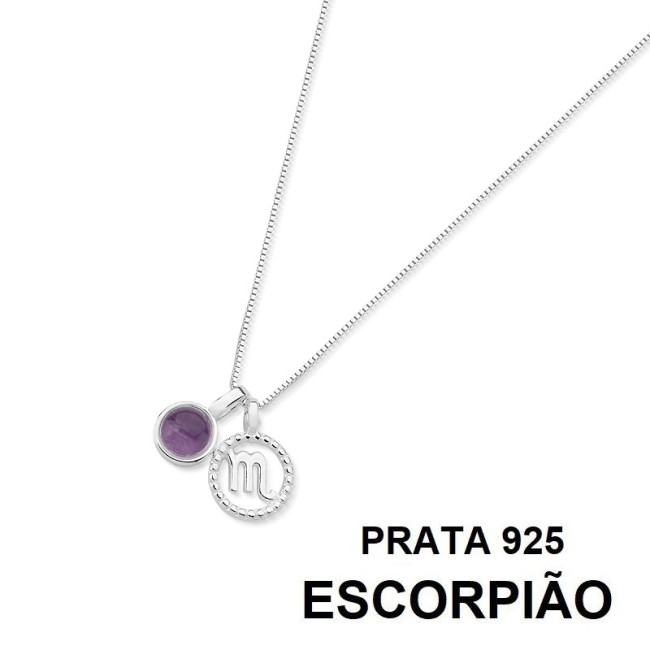 Gargantilha Prata Signo Escorpião e Pedra Natural Ametista