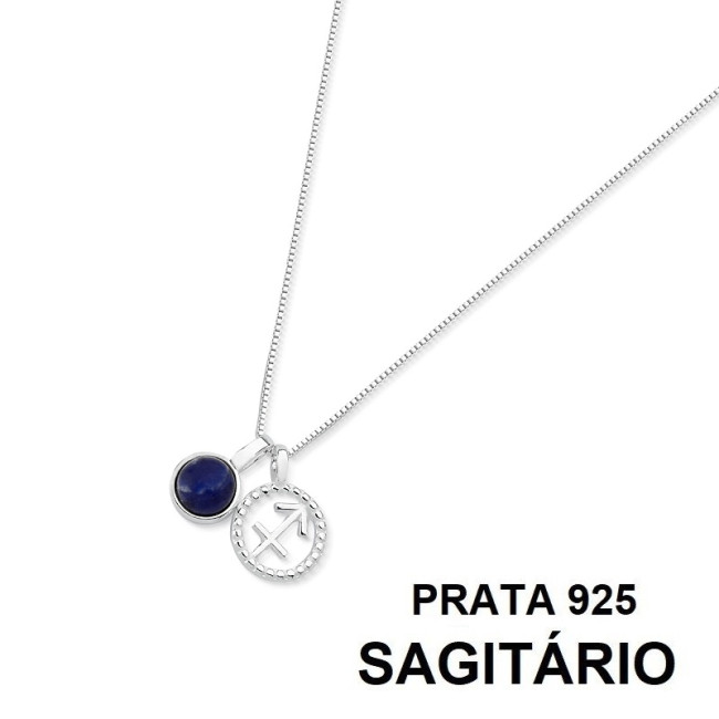 Gargantilha Prata Signo Sagitário e Pedra Natural Sodalita