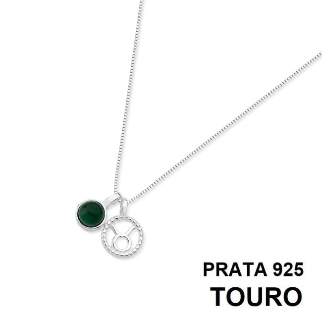 Gargantilha Prata Signo Touro e Pedra Natural Ágata Verde