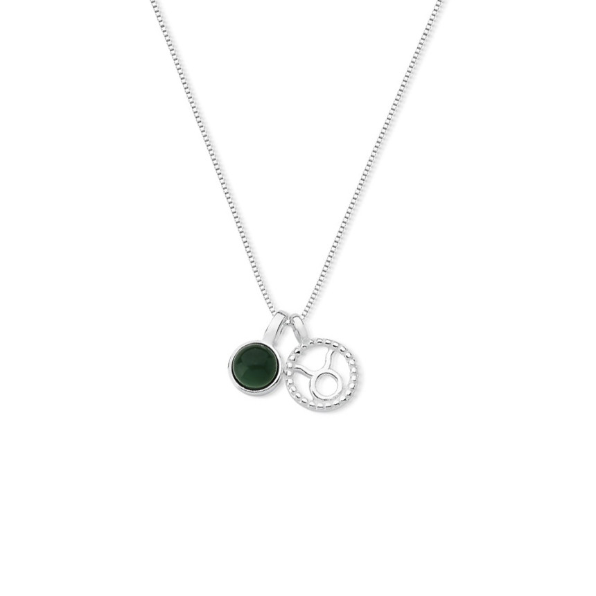 Gargantilha Prata Signo Touro e Pedra Natural Ágata Verde
