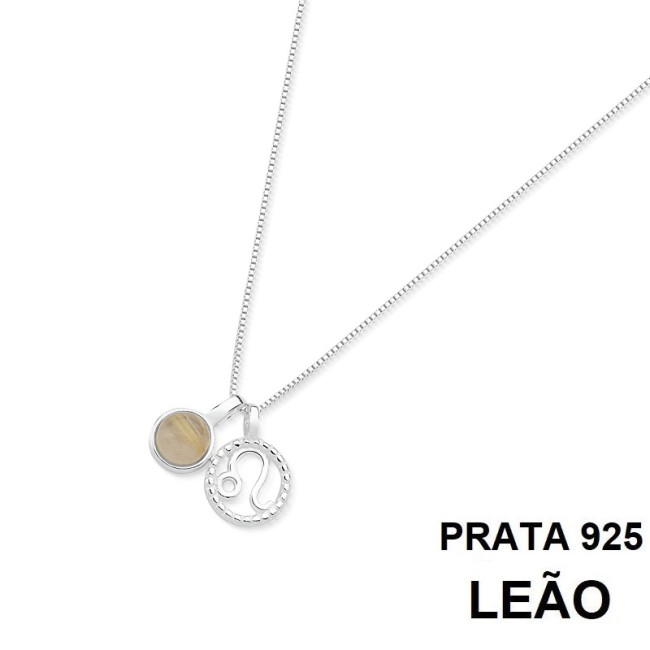 Gargantilha Prata Signo Leão e Pedra Natural Rutilo