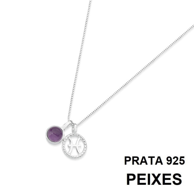 Gargantilha Prata Signo Peixes e Pedra Natural Ametista