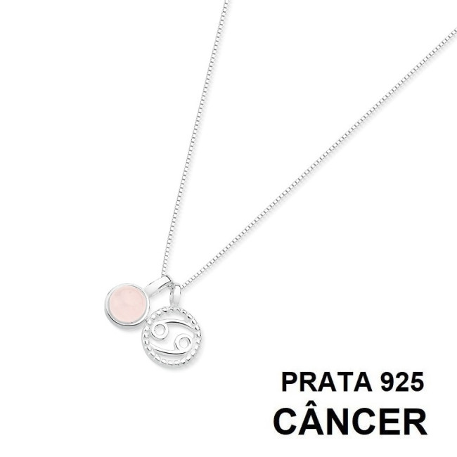 Gargantilha Prata Signo Câncer e Pedra Natural Quartzo Rosa