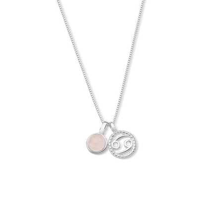 Gargantilha Prata Signo Câncer e Pedra Natural Quartzo Rosa