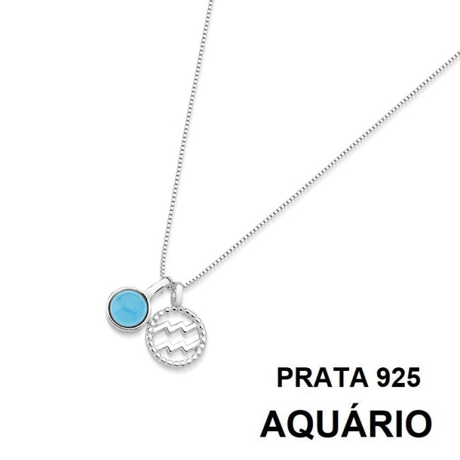 Gargantilha Prata Signo Aquário e Pedra Natural Ágata Azul Céu