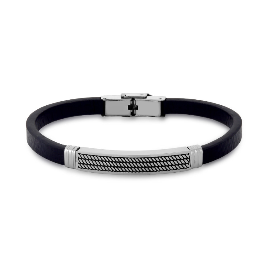 Pulseira Aço Rosso Preta Couro e Placa c/ Trabalhado Envelhecido 21cm  