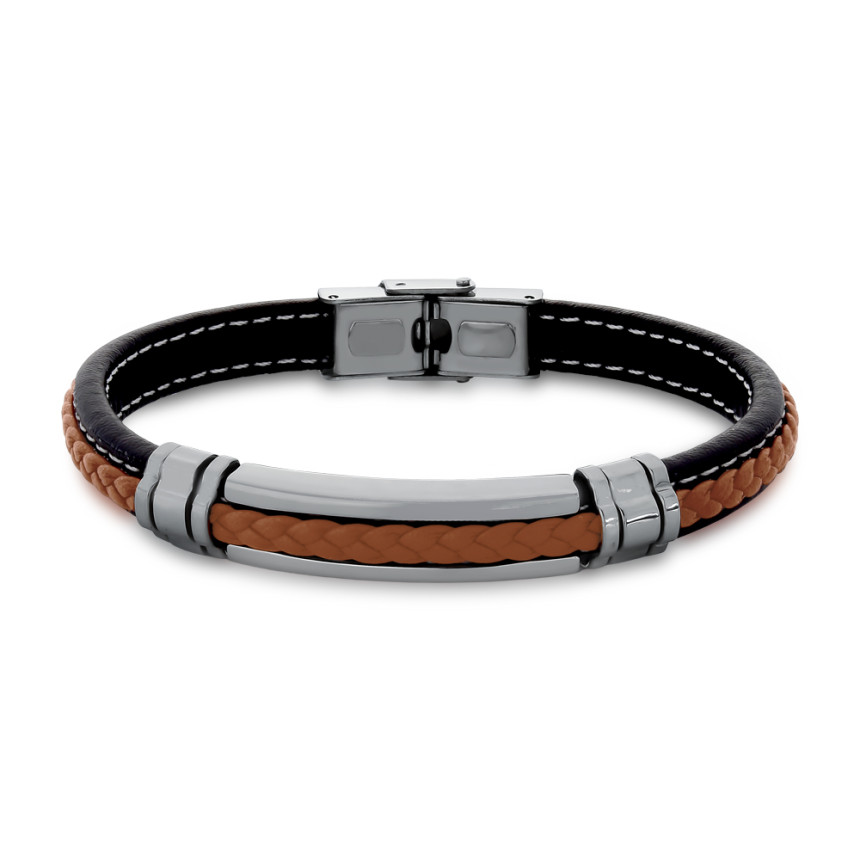 Pulseira Aço Rosso Couro Preto Liso e Trançado Marrom c/ Placa Vazada